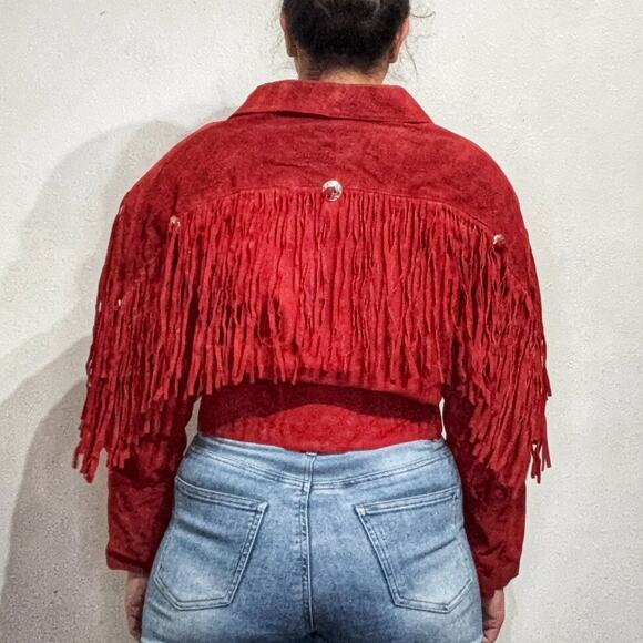 Outerbound by HMS Red Cropped Fringe Vintage Leather Jacket Sz M - Picture 14 of 16